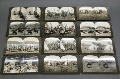 12 Stereoview Cards: Twelve Stereoview Cards by the Keystone View Company. Each depicting various scenes of Native American life; each with titles, synopsis of image, and printer information. Some minor wear around the ed