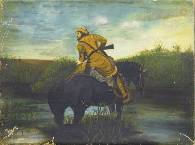 19th Century Scout: A 19th Century Painting of a Scout. Primitive oil on canvas depicts a man holding a rifle and riding atop a horse through a marsh. No apparent signature, unframed. Losses to the paint, some abrasions,