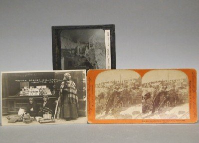Magic Lantern Slide & 2 Cards: A 19th Century Magic Lantern Slide, Stereoview Card, and a Post Card. Two pieces from the Keystone View Co. include One Magic Lantern slide titled "Cliff Dwellers' Palace, Mesa Verde, Colo. And One St