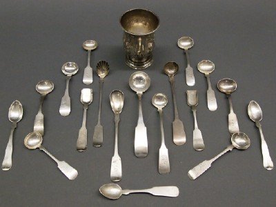 18 Coin Silver Spoons & a Cup: Eighteen 19th Century Coin Silver Spoons and a Cup. Including 18 spoons, consisting of salt spoons, condiment spoons, and baby spoons, and One cup engraved "Knox Co. Fair". By various makers including