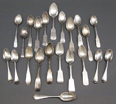 22 Coin Silver Spoons: Twenty-Two Late 18th/Early 19th Century Coin Silver Spoons. Includes teaspoons, coffee spoons, and a tablespoon. By various makers including S. Ayres, P.T. Ware & Co., William H. Whitlock, and Daniel