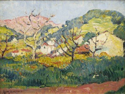 Guy Wiggins Landscape: Guy Carleton Wiggins, American, 1883-1962. Oil on prepared Board in vibrant colors depicts a lovely Springtime Landscape which is Punctuated by a little town nestled into the midground. Signed at the