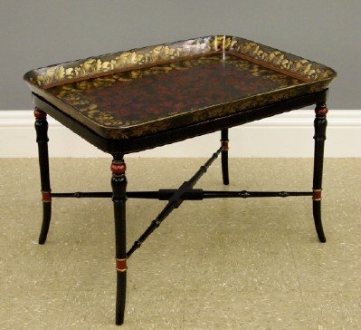 Henry Clay Papier Mache Tray: A Late 18th/Early 19th Century Henry Clay Papier Mache Tray. Black lacquer clad with Flower, leaf, and Grape cluster motif in red and gold. Worn impressed mark reads "Clay Patent"; includes Kentshire 