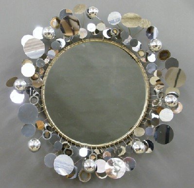 Curtis Jere "Raindrops" Mirror: Curtis Jere, Artisan House, 20th Century. Chrome-plated steel and steel "Raindrops" mirror, circular central mirror with domed and flat mirrored disk "droplets". Unsigned. Some wear/minor corrosion; m