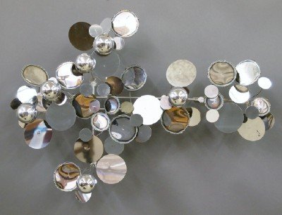 Curtis Jere "Raindrops" Sculpture: Curtis Jere, Artisan House, 20th Century. Chrome-plated steel and steel "Raindrops" Wall Sculpture contains half dome and mirrored disk protrusions. Signed. Some wear/minor corrosion. 29" long x 24" h