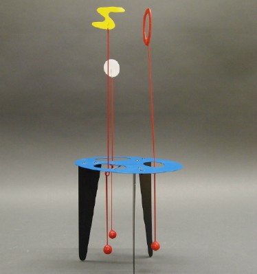 Brad Howe Sculpture: Brad Howe, American, b. 1959. Polychrome metal kinetic sculpture in black, white and primary colors. Signed at the underside. Minor wear. 16 3/4" high. ESTIMATE $400-600