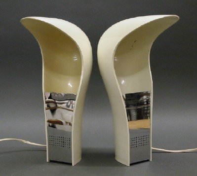 Pr of Casati & Ponzio Lamps: A Pair of "Pelota" Lamps by Cesare Casati and Emanuele Ponzio for Lamperti. Cream colored curved plastic frame, stamped "Lamperti Design Studio D.A. Casati & Ponzio" at the underside. Some wear to eac