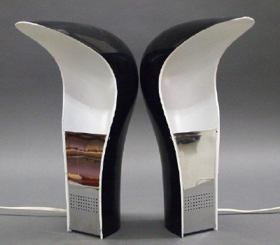 Pr of Casati & Ponzio Lamps: A Pair of "Pelota" Lamps by Cesare Casati and Emanuele Ponzio for Lamperti. Each with a Black curved plastic frame and stamped "Lamperti Design Studio D.A. Casati & Ponzio" at the underside. Some wear