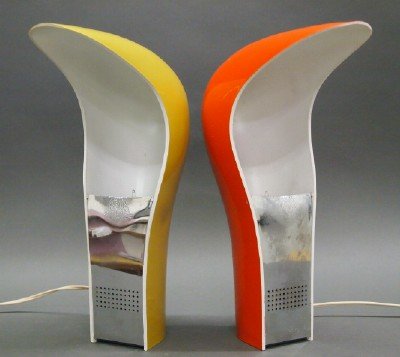 2 Casati & Ponzio Lamps: Two "Pelota" Lamps by Cesare Casati and Emanuele Ponzio for Lamperti. Yellow and an Orange curved plastic frame and stamped "Lamperti Design Studio D.A. Casati & Ponzio" at the underside. Some wear to