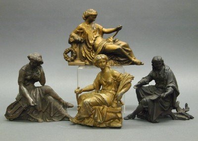 4 Ansonia & Gilbert Clock Figures: Four Late 19th/Early 20th Century Ansonia and Gilbert Spelter Clock Figures. Including "Daphne" (No. 1132) and Two other by Ansonia, and "Music" by Gilbert (No. 176). No apparent markings. Wear to the