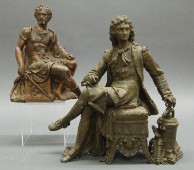 2 New Haven & Ansonia Clock Figures: Two Late 19th Century Ansonia and New Haven Spelter Clock Figures. Including One "Denis Papin" figure by Ansonia (No. 1075) together with One New Haven "Brennus" figure. No apparent markings. Both sho