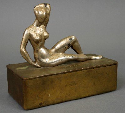 Art Deco Bronze Box: An Art Deco Era Bronze Box. Of rectangular form with hinged lid surmounted by a chrome plated Abstract female nude figure. No apparent markings. Losses to the plating, some wear/scratches to patina. 7