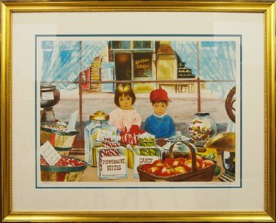 William Nelson "The Candy Store": William Nelson, American, b. 1942. Contemporary artist and Graduate of The School of the Art Institute of Chicago. Lithograph, on Velin d'Arches, depicts Two children longingly gazing into the Store f