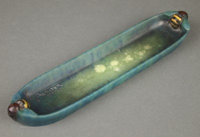 Amalric Walter Pate de Verre Tray: An Early 20th Century Amalric Walter Pate de Verre Tray. Green and blue oblong tray with a figure of a Bumble Bee at each end. Signed "A Walter Nancy" at one end, along with sculptor's signature "(Hen