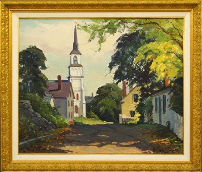 Otis P. Cook Landscape: Otis Pierce Cook Jr., American, 1900-1980. Oil on canvas portrays a street in a small New England town that is dotted with charming houses and a Church, whose steeple protrudes up into the lightly clo