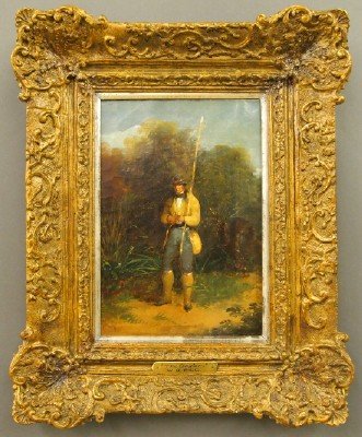 W. R. Bigg "The Angler": William Redmore Bigg, English, 1755-1828. Oil on canvas entitled “The Angler” depicts a man set out to go fishing. Faintly signed and dated at the lower left; includes plaque adhered to the frame 