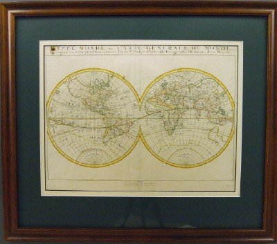 N. Sanson Map of the World: Nicolas Sanson, French, 1600-1667. Hand colored engraved map of the world entitled "Mappe-Monde, ou Carte Generale Du Monde; Dessignee en deux plan-Hemispheres par le Sr. Sanson d'Abbeville, Geographe