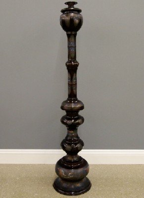 Chinese Champlevé Floor Lamp: A Chinese Bronze and Champlevé Floor Lamp. Bronze base with cloisonné decoration in motifs of calligraphy, Phoenix, birds, stylized flowers, and dragons. Some losses to the cloisonné, several inden
