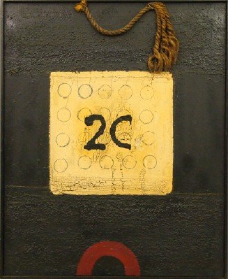 James C. Harrison, Valise with Rope: James C. Harrison, American, 1925-1990. Oil on canvas with Rope entitled "2C Valise with Rope" is heavily painted with a textured surface; 1959. "To See the square Circle Under Death's Rope, J. Harris