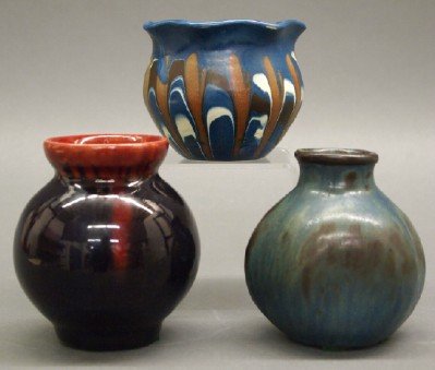 3 pcs Scandinavian Pottery: Three Pieces of Scandinavian Art Pottery. Including One blue, white, and brown vessel by Herman A. Kahler (Denmark), One blue and red vase by Michael Andersen (Denmark), and One blue and brown Vase by