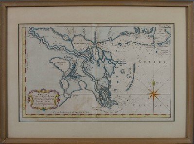 J.N. Bellin Map, Cour du Fleuve St. Louis: Jacques-Nicolas Bellin, French, 1703-1772. Hand colored engraved map entitled "Cours Du Fleuve Saint Louis depuis ses Embouchures jusqu'a la Rivie red' Iberville et Costes Voisines". Not examined out