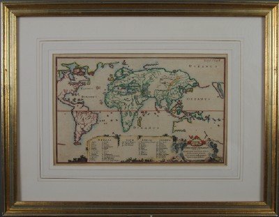 J. Moxon Totius Orbis Terrarum: Joseph Moxon, English, 1627-1691. Hand colored engraved map of the world, in the time of Noah, after the Great Flood; note California along the right margin is depicted as an island. Title cartouche a