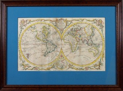 T. Bowen Capt. Cook Map: Thomas Bowen, English, d. 1790. Hand colored engraved Map with a cartouche at the top that contains the text "The World, including the late Discoveries by Capt.n Cook and other Circumnavigators. Caref