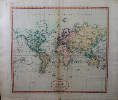 J. Cary New Chart of the World: John Cary, English, 1754-1835. Hand colored engraved map entitled "A New Chart of the World, On Mercator's Projection: Exhibiting the Tracks & Discoveries of the most Eminent navigators, to the Presen