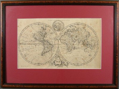 J. Gibson Map of the World: John Gibson, British, 1750-1792. Engraved map entitled "The World" with "Plate 126 No. 59 Page 1" at the lower left and "J. Gibson sculp.t" at the lower right. Not examined out of the frame. Creased,