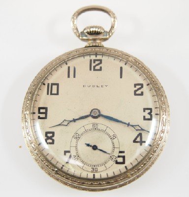 Dudley Masonic pocket watch: Dudley Masonic pocket watch, model 2, Gilded skeletonized plates with engraved Masonic devices. 12 size, 19j, SW, PS, original display back case, OF, Silvered dial with Roman numerals. Serial #4523. M