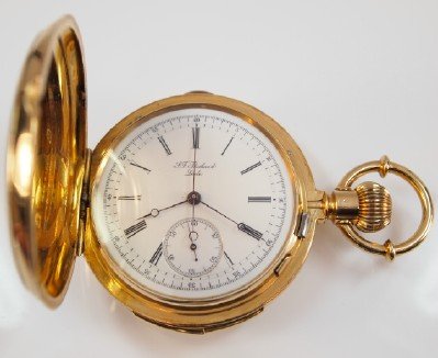 L. F. Thiebaud 18k Chronograph with Minute Repeat: L. F. Thiebaud 18k Chronograph with Minute Repeat. 45mm movement with minute repeat on two chimes. Fine 18k engine turned hunter case with chronograph button in band and slide for repeat function. Por