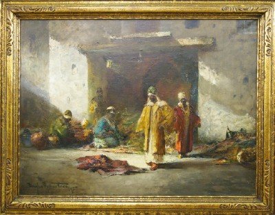 D. A. Teed "Carpet Seller": Douglas Arthur Teed, American, 1864-1929. Oil on canvas landscape, depicts an Arab man inspecting a Persian carpet as several others watch, with carpet weavers in the background. Signed and dated lowe