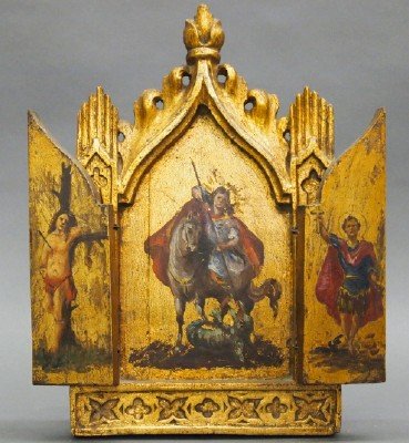 Greek Triptych: A turn of the century Greek Triptych. Three hand painted panels with St. George in the center. Carved Gothic frame with Gilded finish. Surface wear, some insect damage. 12 1/4" high. ESTIMATE $200-300