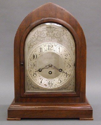 1930s Mantle clock: A 1930s Herschede "Model 10" mantle clock retailed by "John M. Roberts & Son Co., Pittsburgh". 8-day spring driven, 11 jewel movement with "Jeweled Lever" balance wheel escapement and quarter hour Wes