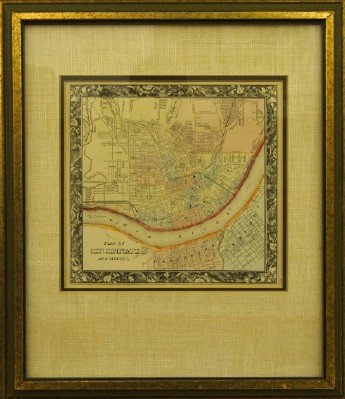 Map of Cincinnati: A 19th century map entitled "Plan of Cincinnati and Vicinity" engraved by "S. Augustus Mitchell Jr, 1860". With hand colored detail. Minor wear, some fading. Image 11 1/2 x 11" high. Framed 18 1/2 x 2