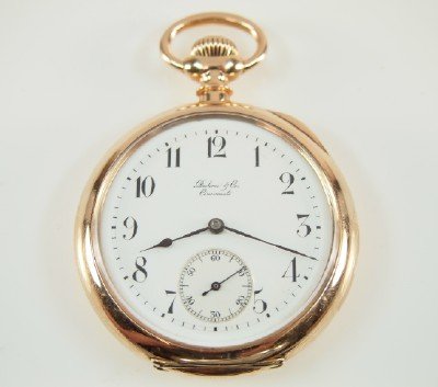 Duhme & Co. 14k: Duhme & Co. Cincinnati private label 14k Swiss. 17 lignes, 19 j, Adjusted, SW, PS, 14k Yellow Gold, OF, SSD w/Arabic numerals. Serial #90698. Minor wear. Winds, sets and running when cataloged. ESTIMA