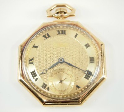 Gruen 14k Verithin: Gruen 14k Verithin, 16 lignes, 17 j, Adj temp & 5 pos, SW, PS, 14k Yellow Gold Octagonal OF, Textured Gold tone dial w/Roman numerals. Serial #491089. Minor wear, plastic crystal. Winds, sets and runn