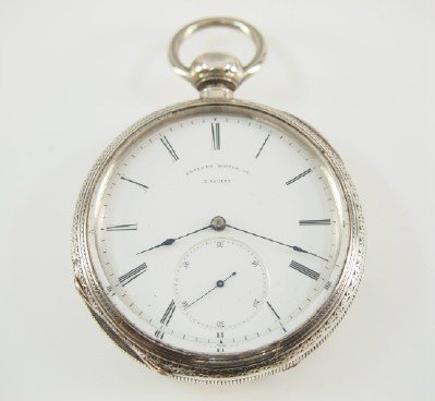 Philadelphia Watch Co.: Philadelphia Watch Co., 18 size, 15 j, KW, KS from back, Coin Silver, OF, Display inner cover, SSD w/Roman numerals. Serial #6073. Some case wear. Winds, sets and running when cataloged. ESTIMATE $300