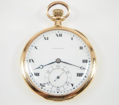 Hamilton 14k 900: Hamilton 14k model 900, 12 size, 19 j, Adj 5 pos, SW, LS, Hamilton 14k Yellow Gold OF, SSD w/Arabic numerals. Serial #1768869. Slight case wear, hairlines in dial. Winds, sets and running when catalog