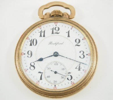 Rockford "Winnebago": Rockford "Winnebago" 16 size, 17 j, Adj 5 pos, DR, SW, LS, Star GF, OF, DSD w/Arabic numerals. Serial #674681. Some case wear, several hairlines in dial, flake at lever. Winds, sets and running when c