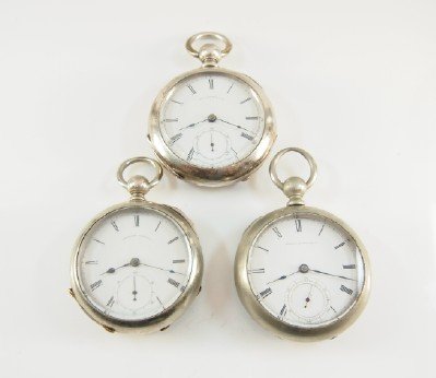 3 AWW Co. "P S Bartlett" watches: Three AWW Co. "P. S. Bartlett" pocket watches, 18 size, 11-15 j, KW, KS, One Coin Silver, OF, SSD and flat porcelain dials w/Roman numerals. Serial #'s 274371, 231955 & 422872. Some case wear, two wit