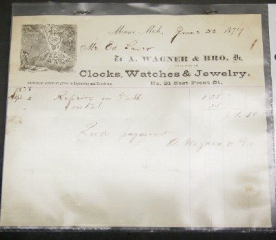 1879 Watch repair receipt: 1879 Watch receipt for watch repair and crystal replacement from "A. Wagner & Bro, Clocks, Watches & Jewelry, Monroe, Mich" with an "Elgin Watches" logo in the corner. Dated April 5th, 1878 and marked