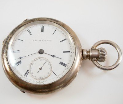U. S. Watch Co. "Henry Randel": U. S. Watch Co. (Marion) "Henry Randel" model, 18 size, 15 j, "Butterfly" cutout, "Frosted" plates, KW, KS, Engraved Sterling Silver, OF, SSD w/Roman numerals. Serial #19692. Recased w/slight wear, fl