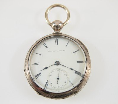 U. S. Watch Co. "Asa Fuller": U. S. Watch Co. (Marion) "Asa Fuller" model, 18 size, 15 j, Adjusted, KW, KS, Fahys Coin Silver, OF, SSD w/Roman numerals. Serial #38713. Slight wear, flake in dial. Winds, sets and runs when cataloge