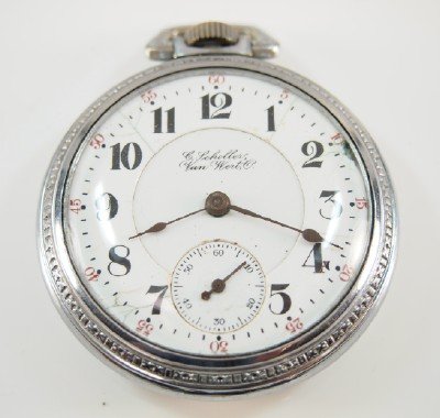 Rockford "Winnebago": Rockford "Winnebago", 18 size, 17j, Adj 5 pos, DR, SW, LS, Keystone "Base Metal", OF, DSD w/Arabic numerals. Serial #672841. Some case wear, several hairlines and edge flake in dial. Winds, sets and r