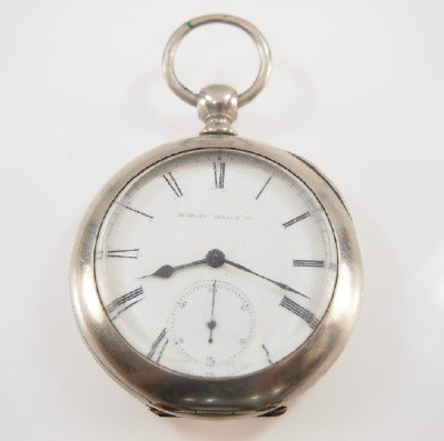 U. S. Watch Co. "G. A. Read": U. S. Watch Co. (Marion) "G. A. Read", 18 size, 7 j, KW, KS, "Silver" display back, OF, SSD w/Roman numerals. Serial #79018. Slight wear, hairlines and repaired flakes in dial. Winds, sets and runs wh