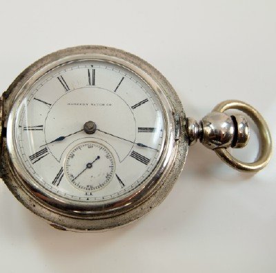 Hampden "Lakeside": Hampden Watch Co. "Lafayette" 18 size, 15 j, KW, KS, Dueber Coin Silver, HC, SSD w/Roman numerals. Serial #91385. Significant case wear. Winds, sets and running when cataloged. ESTIMATE $150-200