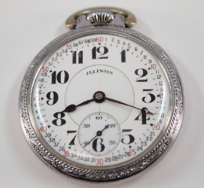 Illinois "Bunn": Illinois "Bunn" 16 size, 17 j, Adj Temp & 5 pos, DR, SW, LS, Defiance chromed fancy OF, DSD w/Arabic numerals. Serial #3688727. Some case wear, broken hair spring, hairlines in dial. Winds and sets wh