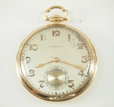 International 14k: International 14k, 12 size, 15 j, Adj 3 positions, SW, PS, Keystone "J Boss" 14k White GF, OF, Silvered dial w/Arabic numerals. Serial #753986. Minor case wear, dial corrosion and loss. Winds, sets an