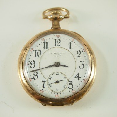 Illinois "A. Lincoln": Illinois "A. Lincoln" Private Label "Frank Holt & Co, Newark", 16 size, 21 j, Adj 5 pos, DR, SW, LS, GF, OF, DSD w/Arabic numerals. Serial #2535882. Some case wear, hairlines in dial. Winds, sets and 